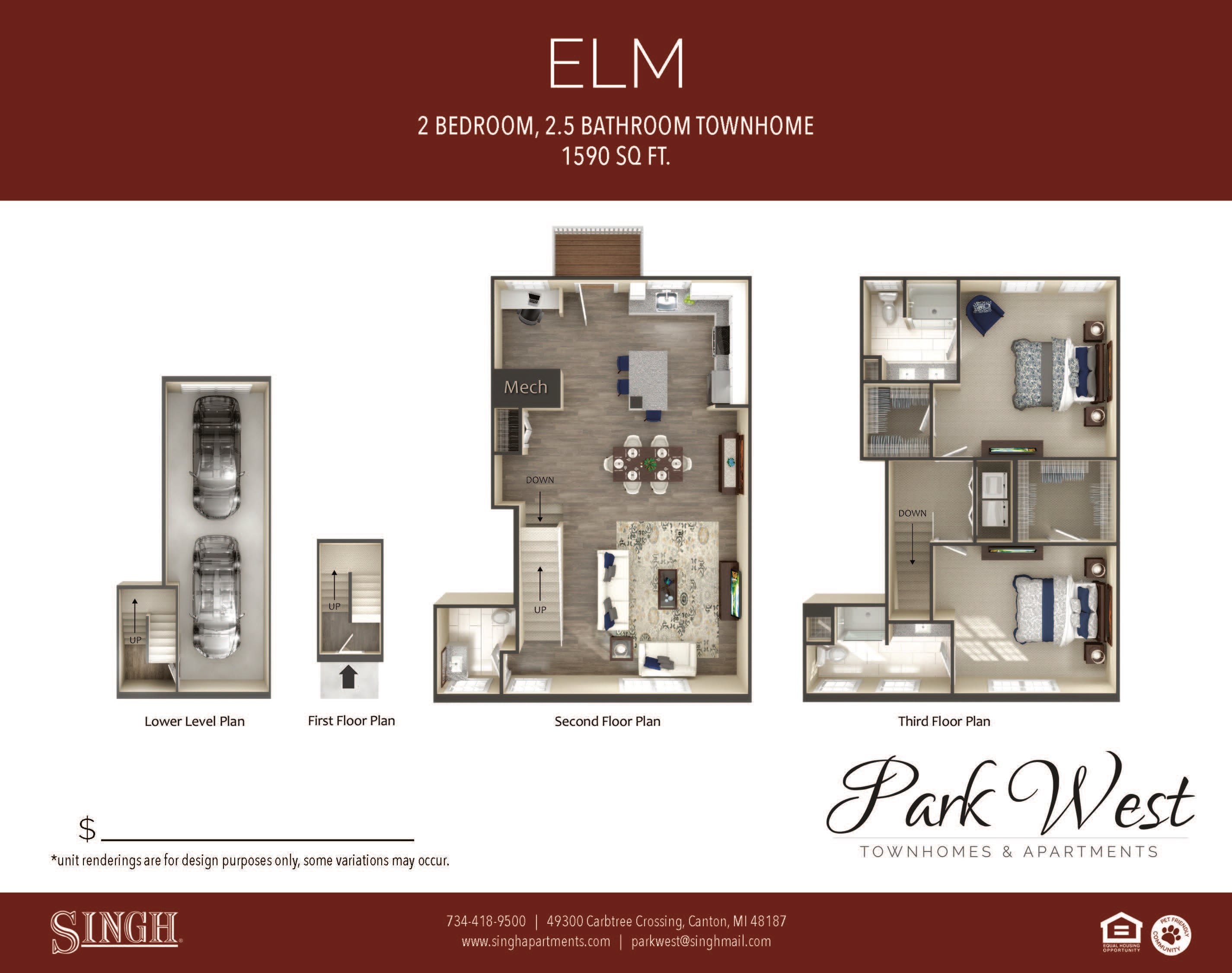 Floor plan for 2 beds, 2.5 baths, 1590 sqft
